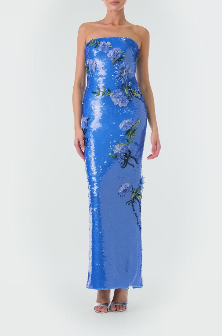Monique Lhuillier Fall 2024 fitted, strapless column gown in Sky Blue sequin and Floral embroidery - video.