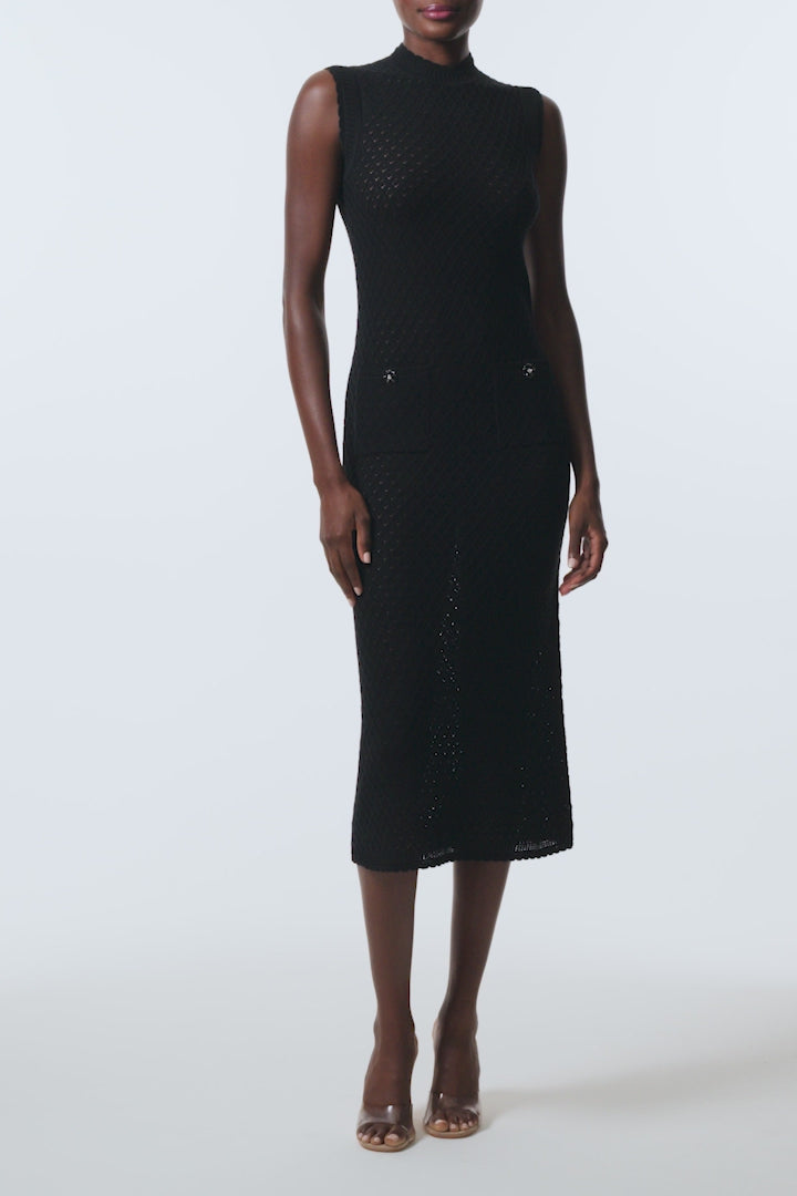 Monique Lhuillier Fall 2025 RTW Noir Sleeveless Shift Dress in  Cotton Diamond Lace knit with two front pockets - video.