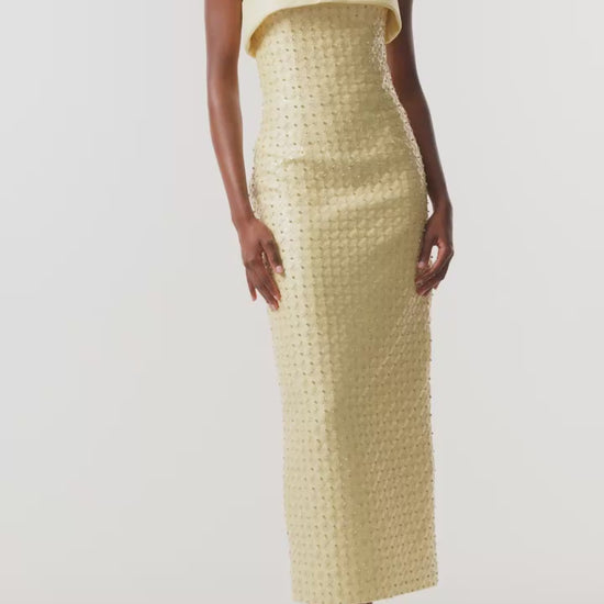 Monique Lhuillier Fall 2026 Pale Yellow Embroidered Mikado Piqué Strapless column dress - video.