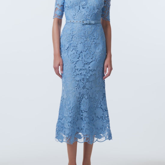 Monique Lhuillier Spring 2026 Bluebelle Floral Lace Short sleeve V-neck midi dress
with belt - video.