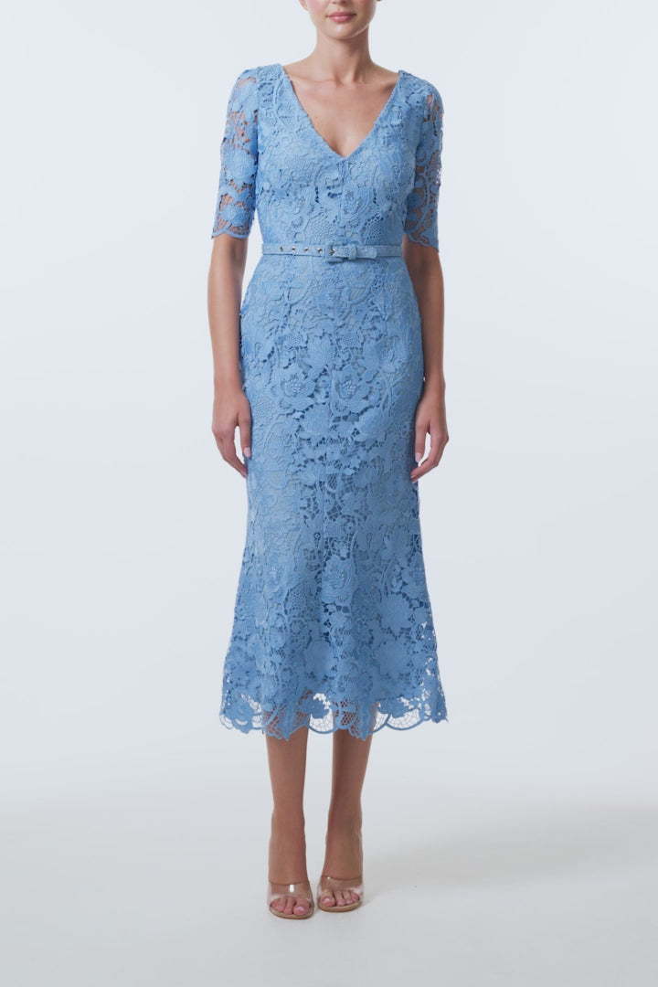 Monique Lhuillier Spring 2026 Bluebelle Floral Lace Short sleeve V-neck midi dress
with belt - video.
