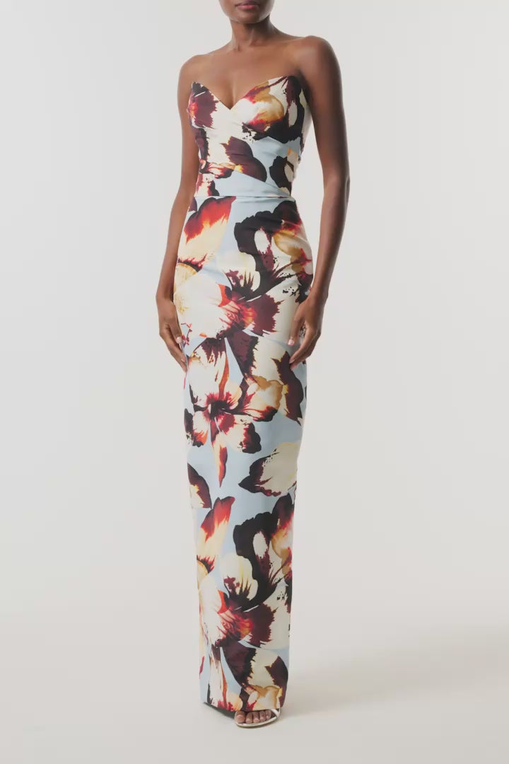 Monique Lhuillier Fall 2026 Blue floral amber lily printed faille strapless draped column gown - video.