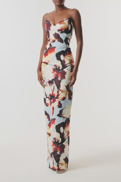 Monique Lhuillier Fall 2026 Blue floral amber lily printed faille strapless draped column gown - video. 