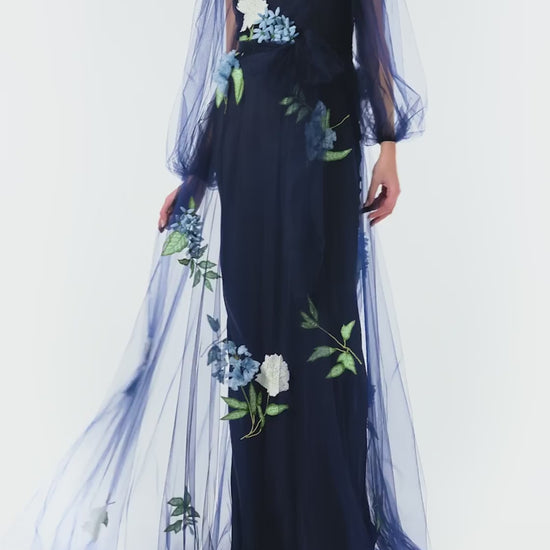 Monique Lhuillier Fall 2024 tulle gown with semi-sheer puff sleeves in Night Sky tulle and floral embroidery - video.