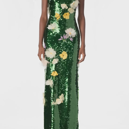 Monique Lhuillier Fall 2024 strapless, column gown in Juniper green sequins and 3D floral embroidery - video.