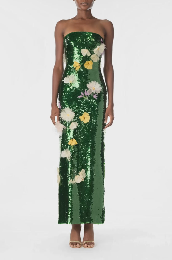 Monique Lhuillier Fall 2024 strapless, column gown in Juniper green sequins and 3D floral embroidery - video.