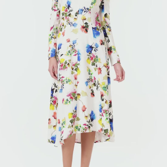 Monique Lhuillier Spring 2024 long sleeve midi dress with jewel neckline in silk white multi floral print - video.
