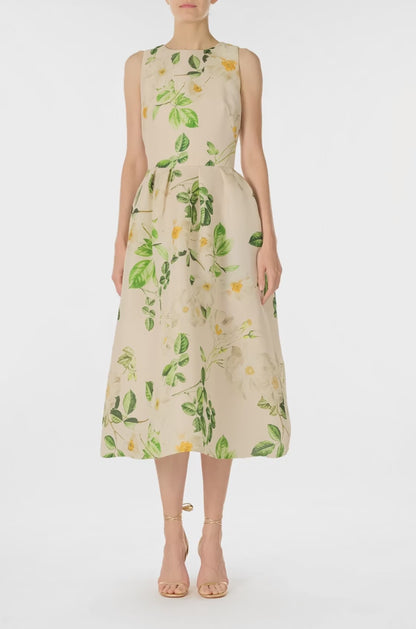 Monique Lhuillier Spring 2025 Rose print gazar sleeveless day dress with jewel neckline and pockets - video.