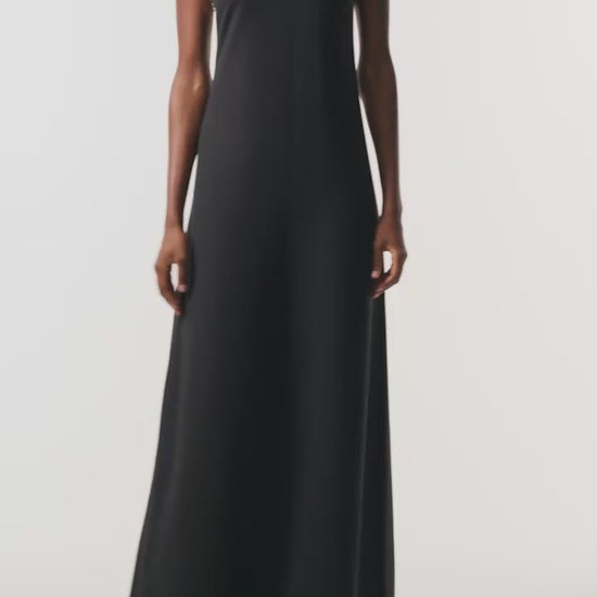 Monique Lhuillier Spring 2026 Noir Lightweight Silk Wool Suiting Cut - away neckline with gold crystal embroidery - video.
