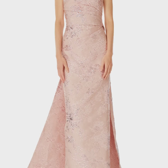 Monique Lhuillier Spring 2025 draped front column gown with train in Rosé metallic jacquard - video.