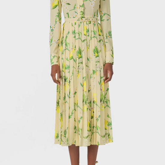 Monique Lhuillier Spring 2025 long sleeve pleated button-down dress with belt at waist in lemon printed georgette fabric - video.