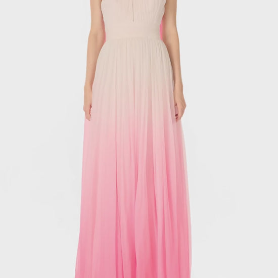 Monique Lhuillier Spring 2025 Hibiscu colored ombre chiffon gown with keyhole halter neckline and attached neck scarf - video.