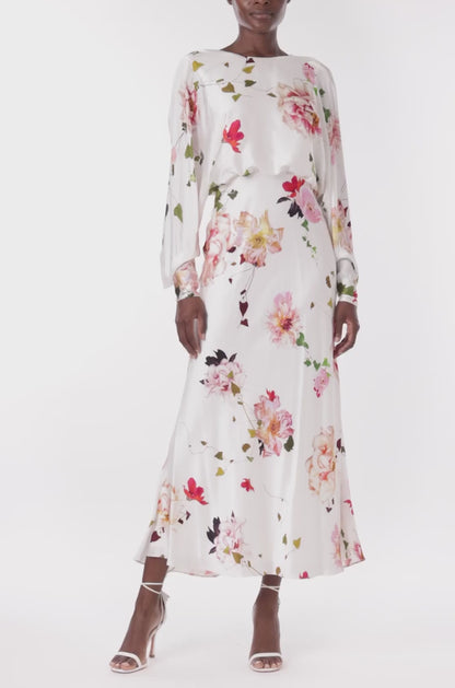 Monique Lhuillier Blouson Long Sleeve Floral Dress in silk white.