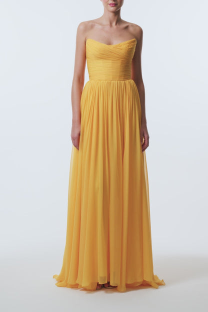 Monique Lhuillier Spring 2026 strapless Mango chiffon draped bodice gown - video.