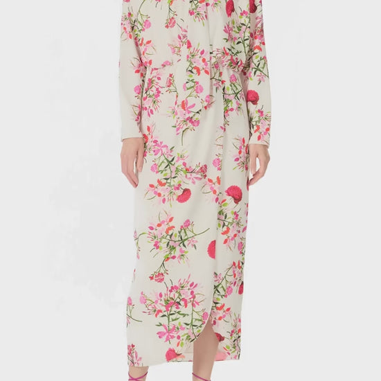 Monique Lhuillier Long sleeve dress with tie neck and faux-wrap skirt in Silk White Fuchsia floral print - video.