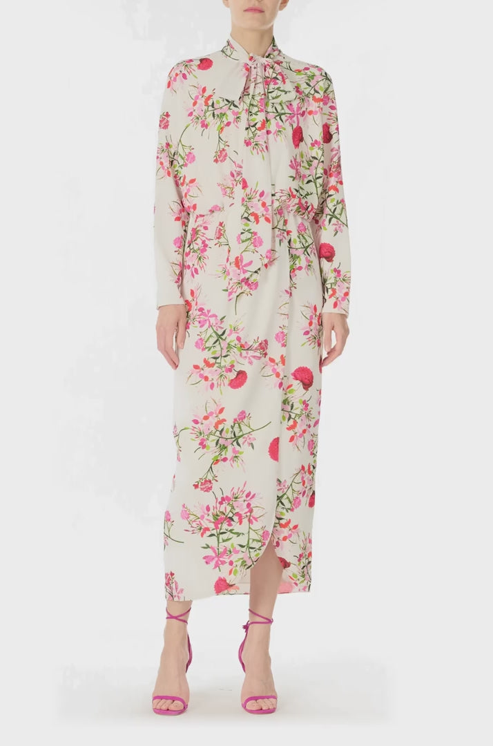 Monique Lhuillier Long sleeve dress with tie neck and faux-wrap skirt in Silk White Fuchsia floral print - video.