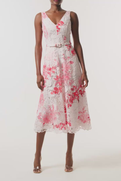 Monique Lhuillier Spring 2026 Powder Pink Multi Rose Ombre Printed Lace V
- neck dress with belt - video.