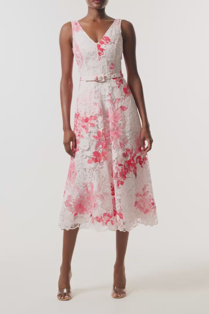 Monique Lhuillier Spring 2026 Powder Pink Multi Rose Ombre Printed Lace V
- neck dress with belt - video.