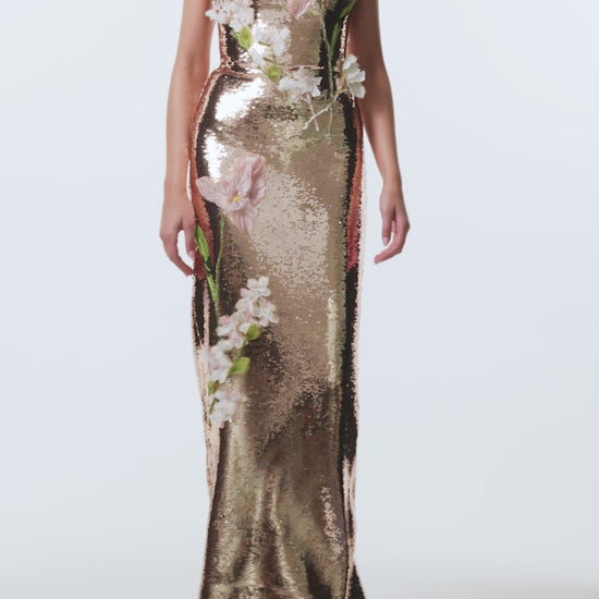Monique Lhuillier Spring 2026 Rose Gold Iris Bouquet Embroidered Sequin Strapless column gown with floral embroidery - video.