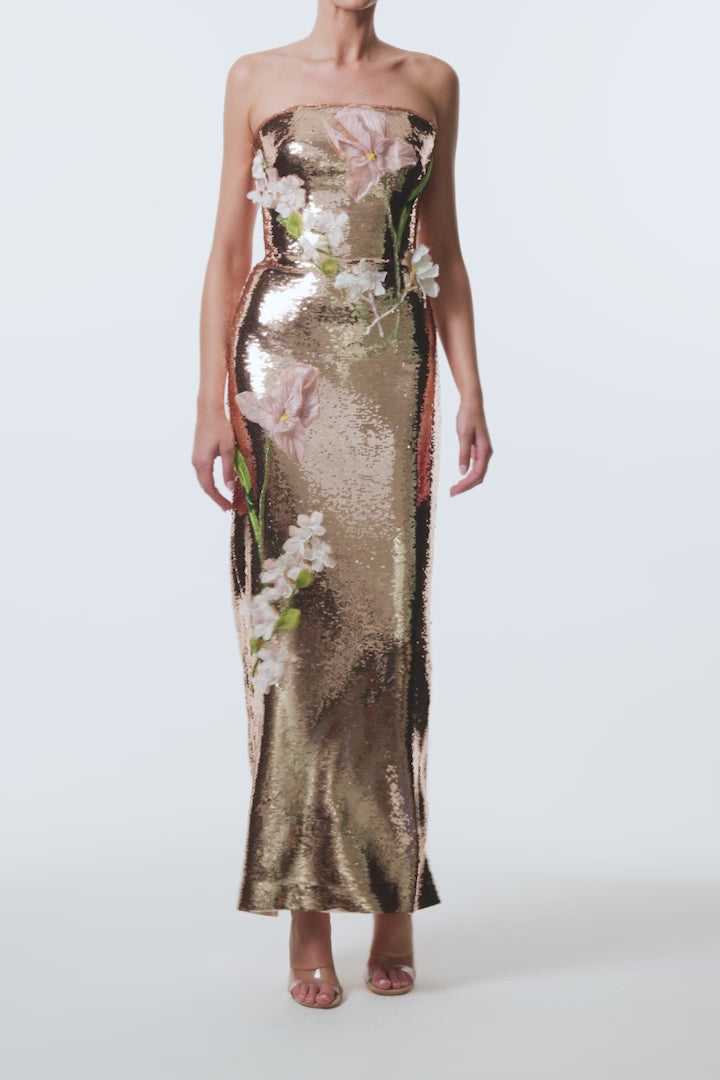 Monique Lhuillier Spring 2026 Rose Gold Iris Bouquet Embroidered Sequin Strapless column gown with floral embroidery - video.