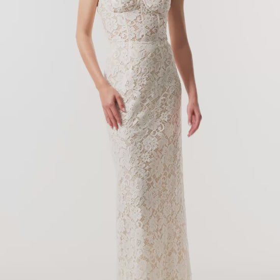 Monique Lhuillier Fall 2026  Silk White Peony Lace strapless column gown - video.