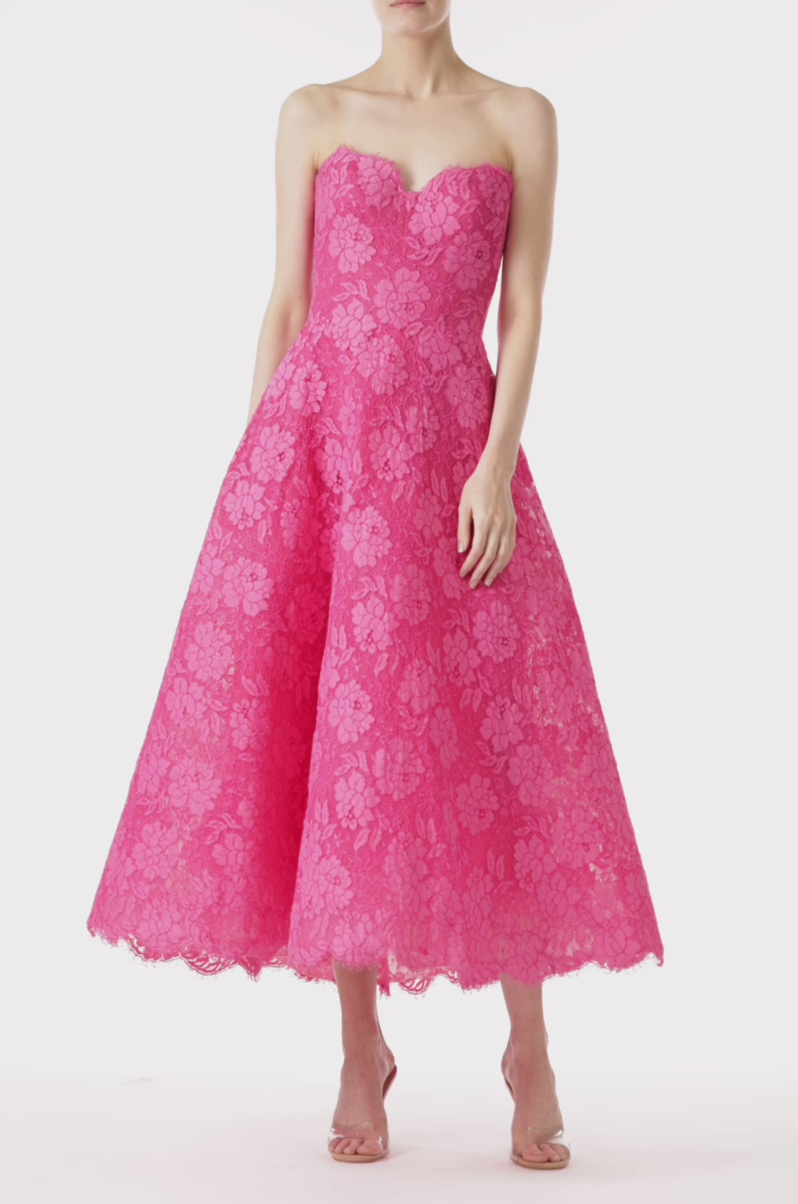 Monique Lhuillier strapless pink lace cocktail dress with full skirt.