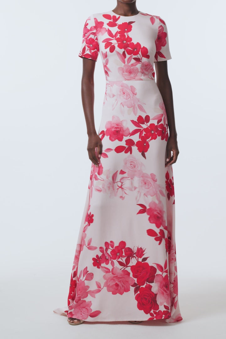 Monique Lhuillier Spring 2026 Powder Pink Multi Rose Ombre Printed Crepe short sleeve floor length gown - video.