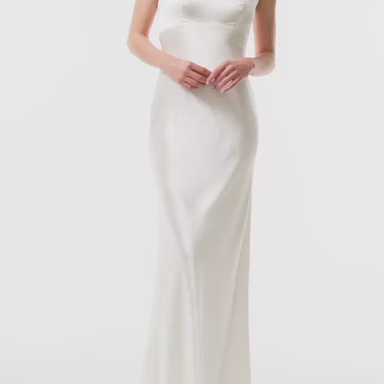 Silk white satin gown with spaghetti straps and tie at back - video.