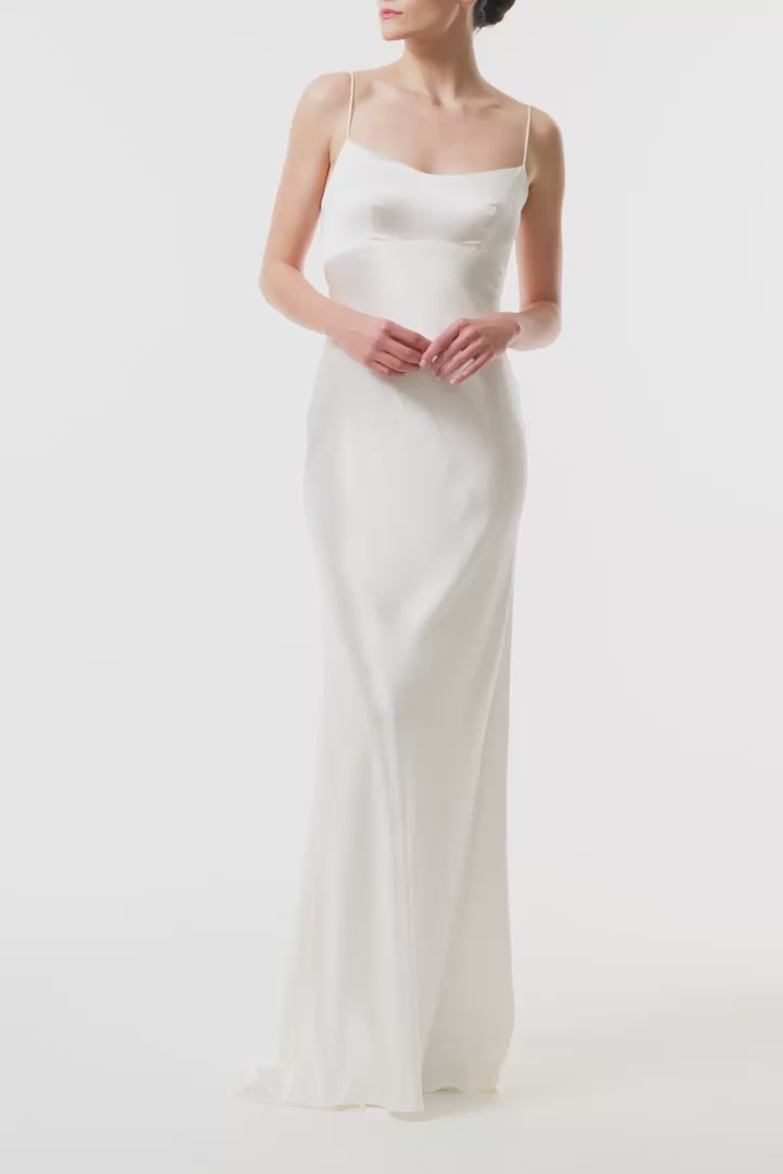Silk white satin gown with spaghetti straps and tie at back - video.