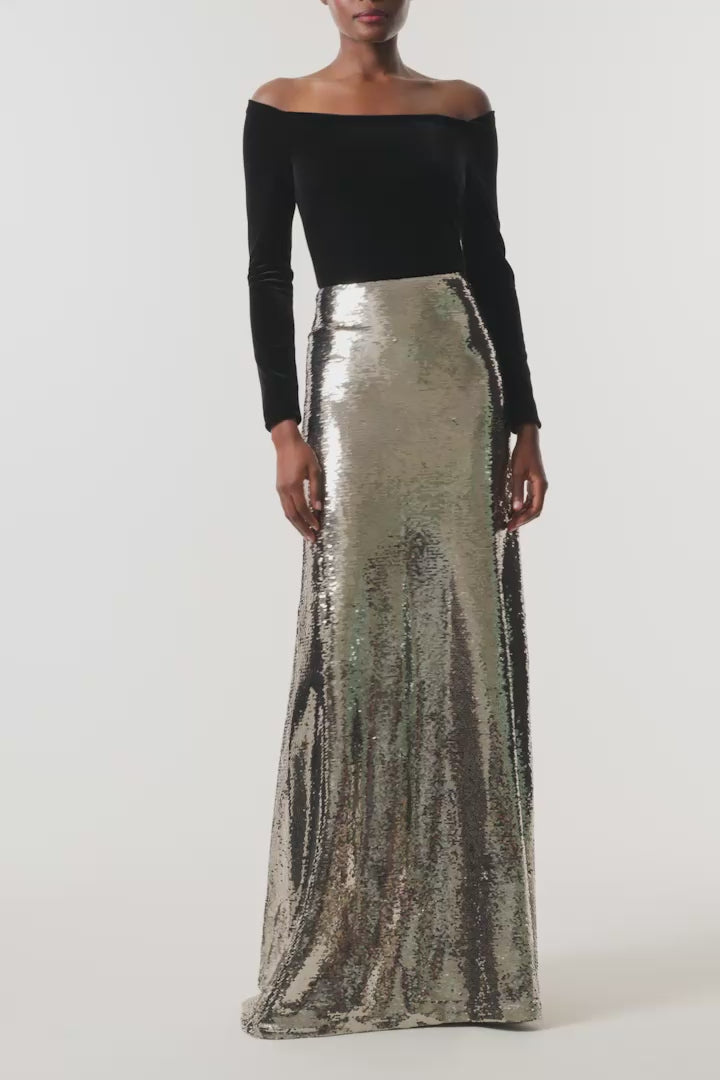Monique Lhuillier Fall 2026 Noir velvet and Chrome sequin off-the-shoulder long sleeve floor length gown - video.