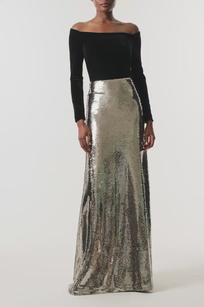 Monique Lhuillier Fall 2026 Noir velvet and Chrome sequin off-the-shoulder long sleeve floor length gown - video.