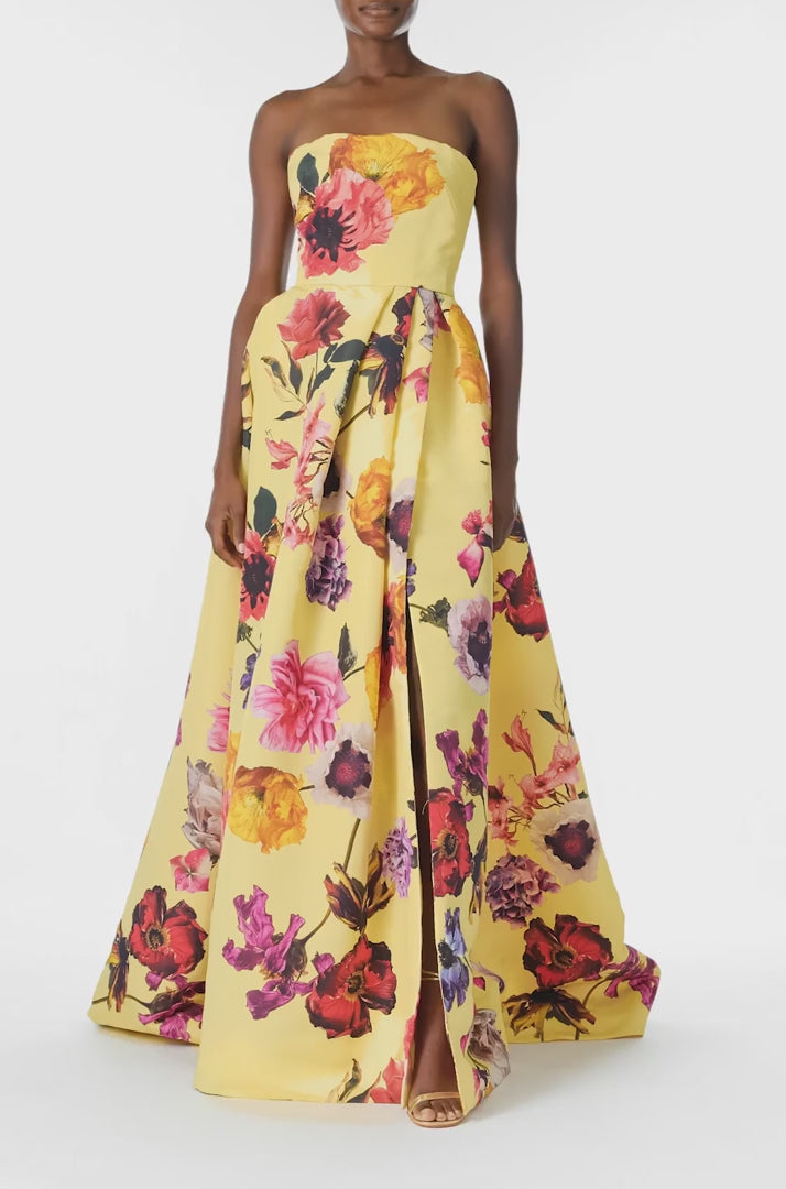 Monique Lhuillier Fall 2024 strapless ball gown with pleated waist and high side slit in soleil floral fabric - video.