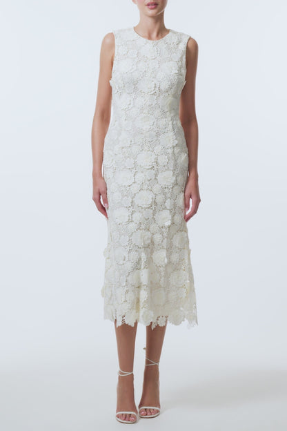 Monique Lhuillier Spring 2026 Ivory Three-dimensional floral lace sleeveless midi dress - video.