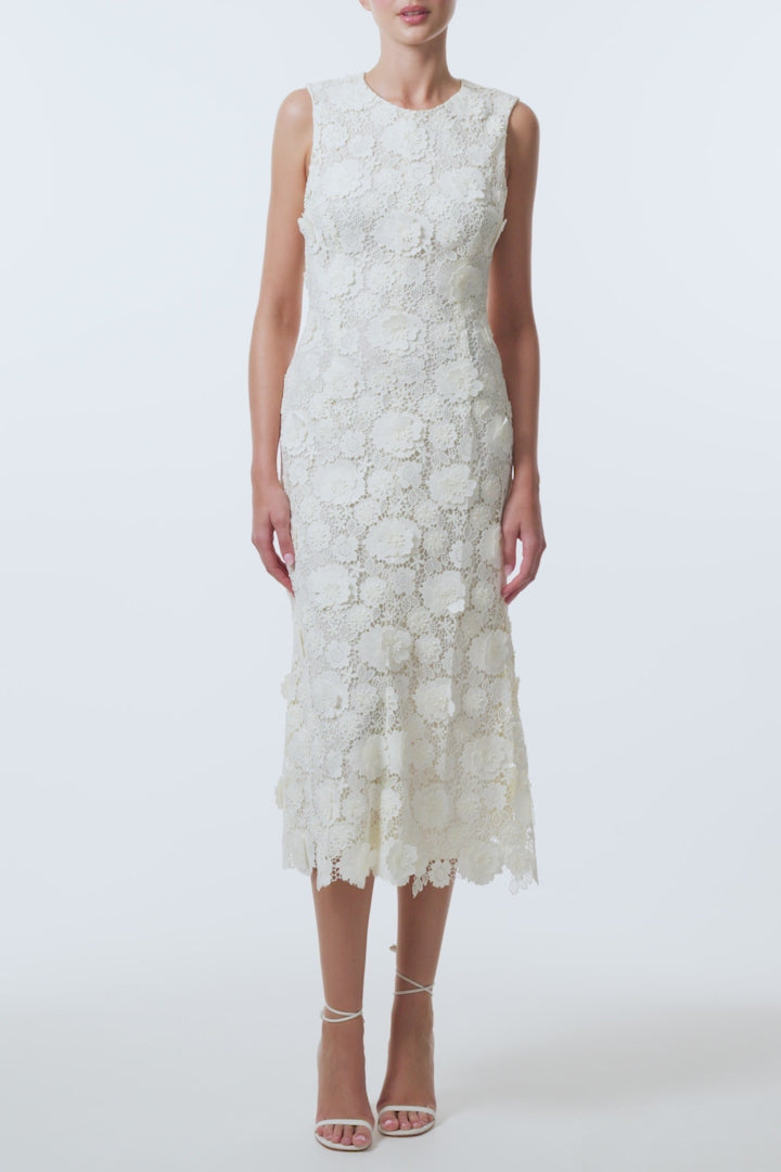 Monique Lhuillier Spring 2026 Ivory Three-dimensional floral lace sleeveless midi dress - video.