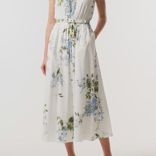 Monique Lhuillier Fall 2026 White/Multi Wisteria Printed Stretch Cotton Poplin day dress with belt and pockets - video.