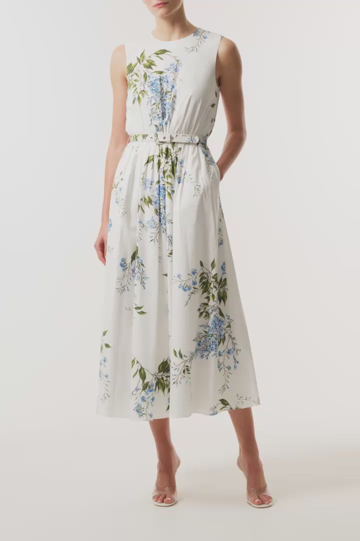 Monique Lhuillier Fall 2026 White/Multi Wisteria Printed Stretch Cotton Poplin day dress with belt and pockets - video.