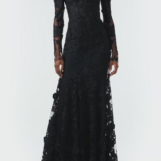 Monique Lhuillier Fall 2024 Long sleeve black lace trumpet gown with off-the-shoulder sweetheart neckline and unlined sleeves - video.