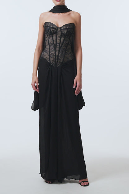 Monique Lhuillier Spring 2026 Noir lace and georgette corseted dropped waist gown with shawl - video.
