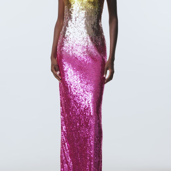 Monique Lhuillier Spring 2025 RTW strapless Hibiscus/Multi Ombre Sequin Column Gown -  video.