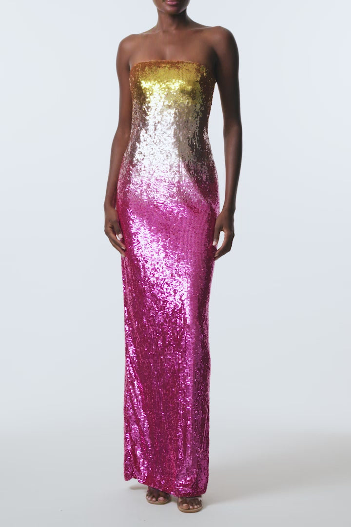 Monique Lhuillier Spring 2025 RTW strapless Hibiscus/Multi Ombre Sequin Column Gown -  video.