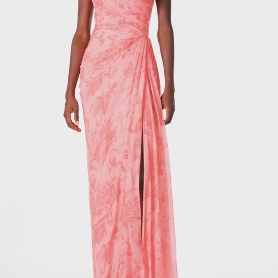 Monique Lhuillier Spring 2025 Strapless floral chiffon gown with draped, sweetheart neckline and detached neck scarf in Rosette Coral color - video.