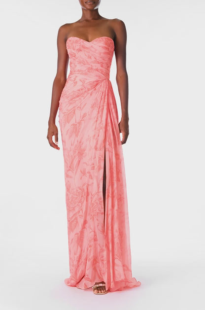 Monique Lhuillier Spring 2025 Strapless floral chiffon gown with draped, sweetheart neckline and detached neck scarf in Rosette Coral color - video.