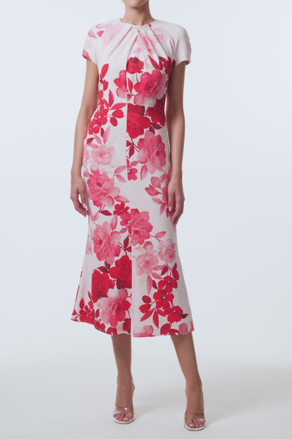 Monique Lhuillier Spring 2026 Powder Pink Multi Rose Ombre Printed Crepe Draped neckline cap sleeve dress - video.