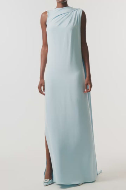 Monique Lhuillier Spring 2026  Powder Blue Crepe Draped Caftan Gown with integral back streamer and low v-back -  video.