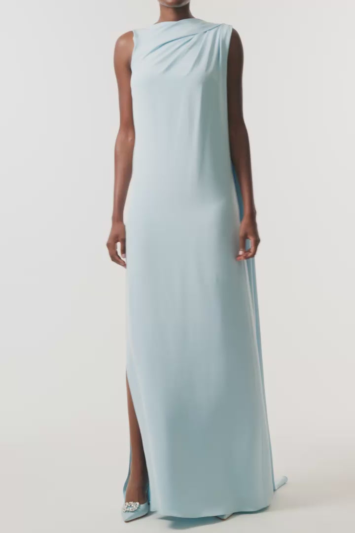 Monique Lhuillier Spring 2026  Powder Blue Crepe Draped Caftan Gown with integral back streamer and low v-back -  video.