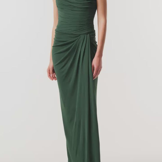 Monique Lhuillier Fall 2026 Sycamore Crepe Jersey strapless draped column gown - video.