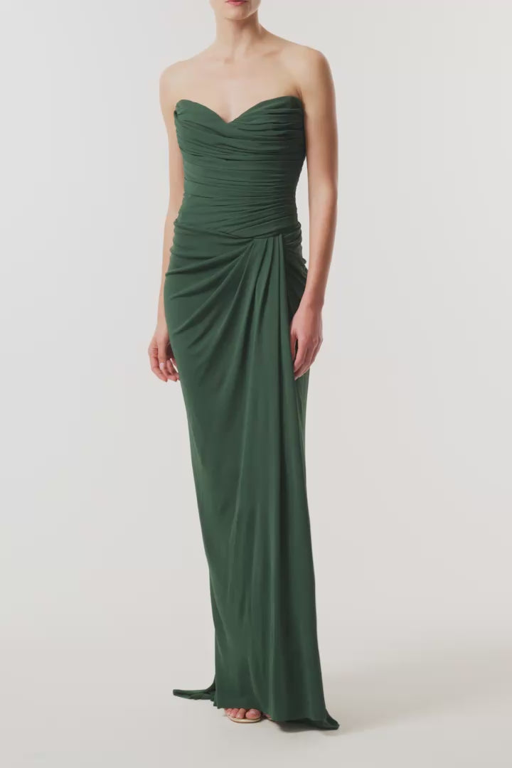 Monique Lhuillier Fall 2026 Sycamore Crepe Jersey strapless draped column gown - video.