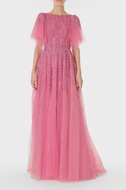 Monique Lhuillier Fall 2024 dahlia pink, embroidered tulle flutter sleeve gown with jewel neckline - video.