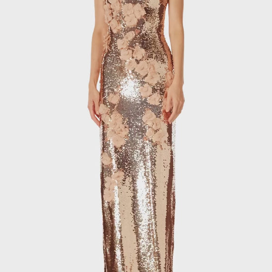 Monique Lhuillier Spring 2025 strapless floral embroidered column gown in Rose Gold sequins and tonal embroidery - video.