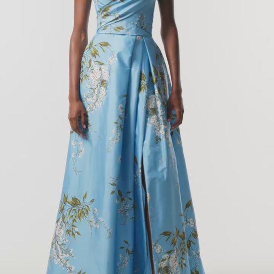 Monique Lhuillier Fall 2026 Horizon Blue Multi Wisteria Printed Taffeta Asymmetric draped bodice ball gown with front slit- video.
